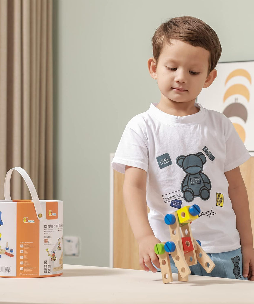 Viga Construction Block Set 68pcs, Wooden Building Blocks for Boys and Girls 3+, Creative Toy for Imaginative Play, Non-Toxic, Stacking and Construction Set