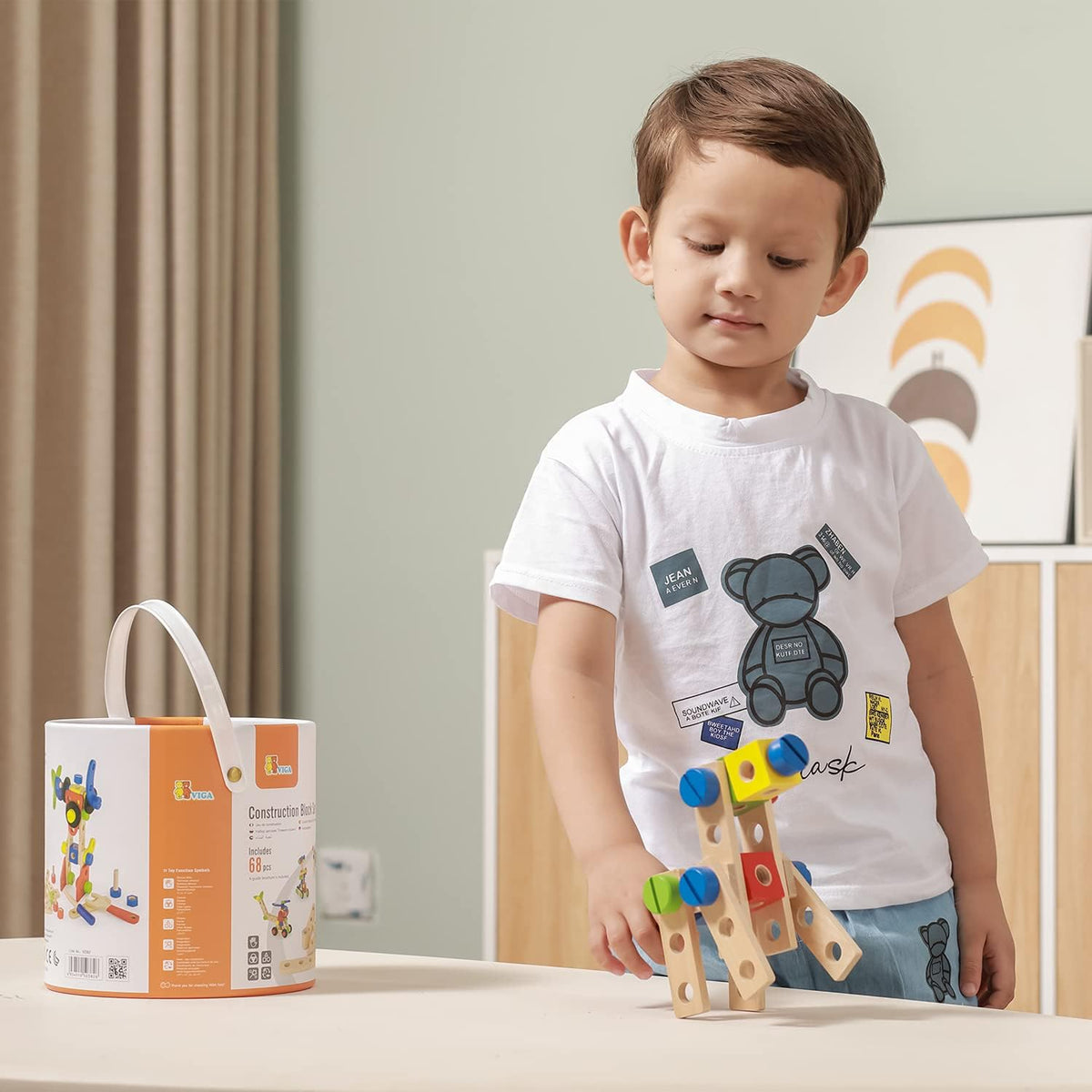 Viga Construction Block Set 68pcs, Wooden Building Blocks for Boys and Girls 3+, Creative Toy for Imaginative Play, Non-Toxic, Stacking and Construction Set