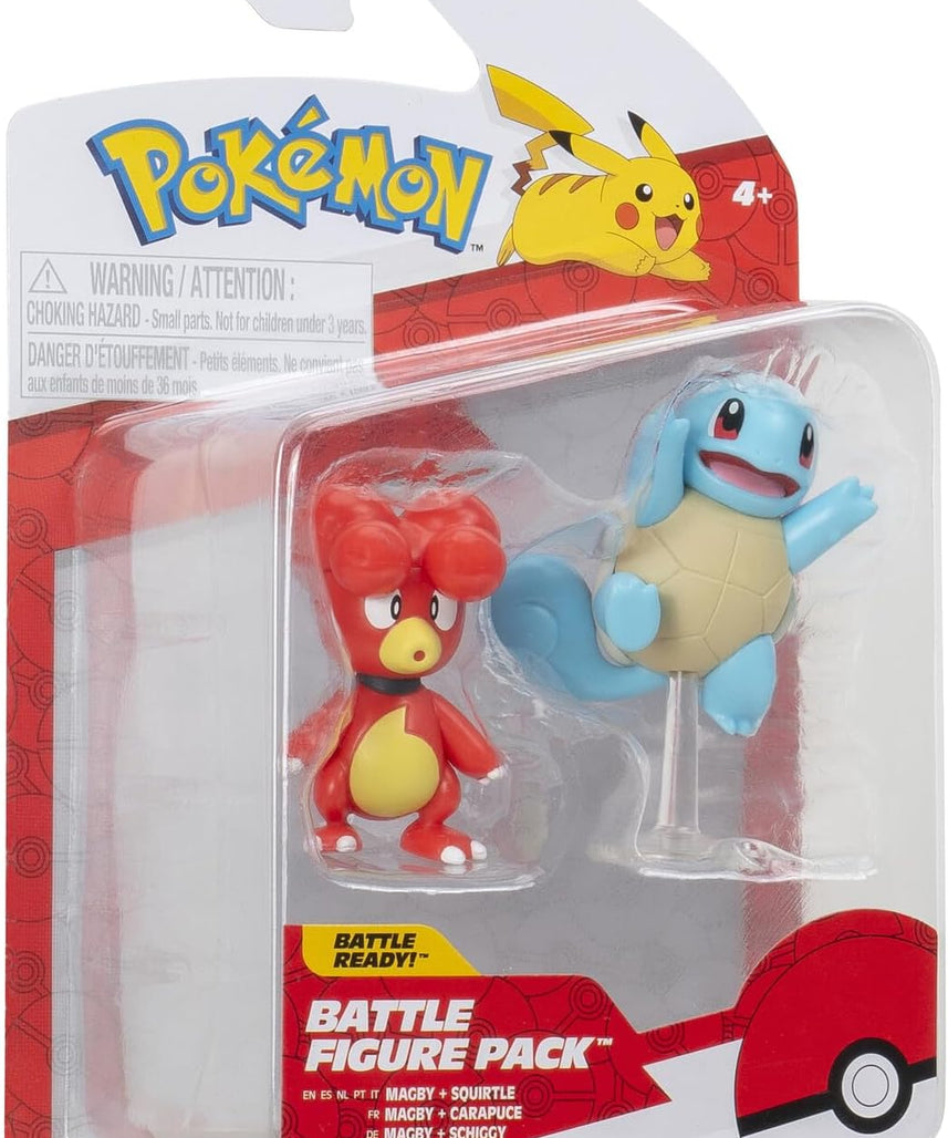 Pokemon Battle Figure Magby & Squirtle, Official Detailed Action Figures, Play Figurines for Kids, Toy Gift