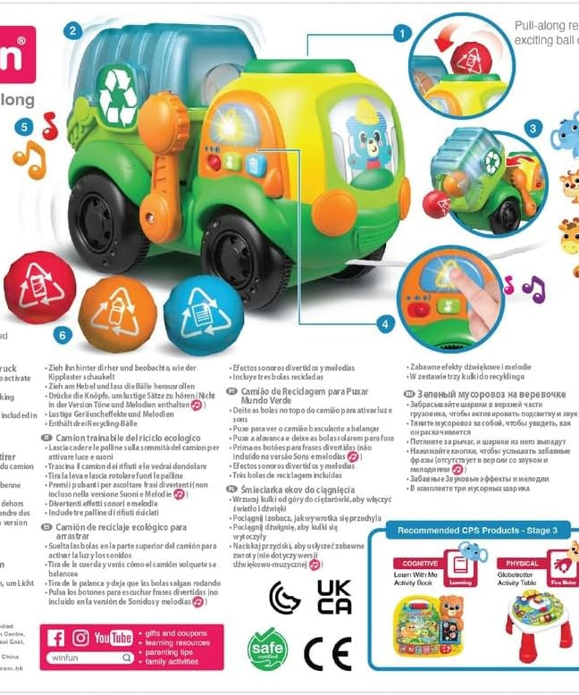 Winfun Go Green Pull-Along Recycle Truck Toy 12M+ | Eco-Themed Sorting & Recycling Playset | Toddler Push & Pull Learning Toy with Moving Wheels