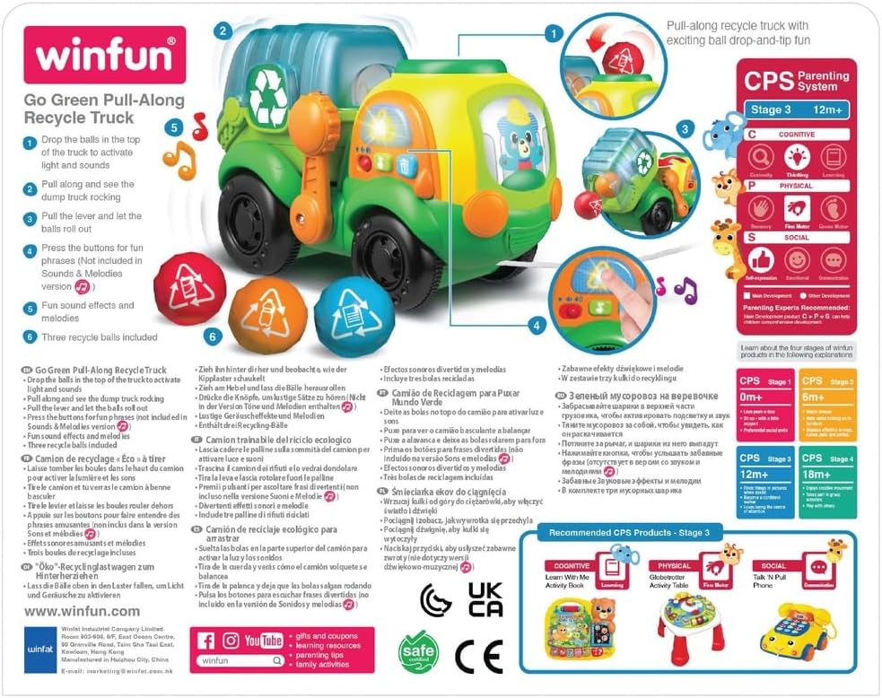 Winfun Go Green Pull-Along Recycle Truck Toy 12M+ | Eco-Themed Sorting & Recycling Playset | Toddler Push & Pull Learning Toy with Moving Wheels
