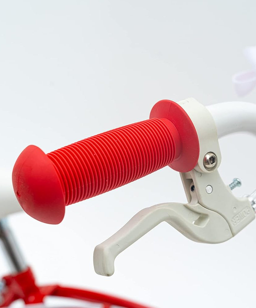 Huffy Glimmer Girls Bike 18 Inch, Red and White, Single-Speed Kids Bicycle with Removable Stabilisers, Front Storage Pouch, Quick Connect Assembly, Ages 6-8