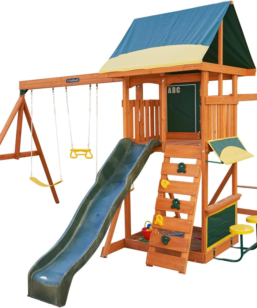 KidKraft Brightside Wooden Swing Set with High-Rail Wave Slide, Rock Wall, Upper Clubhouse, Monkey Bars, Sandbox and Belt Swings, Outdoor Backyard Playset for Kids Ages 3 to 10