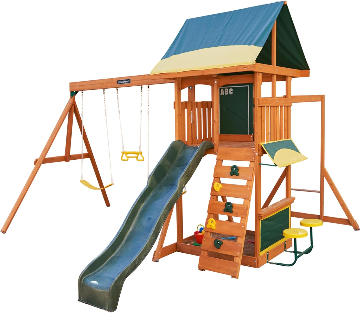 KidKraft Brightside Wooden Swing Set with High-Rail Wave Slide, Rock Wall, Upper Clubhouse, Monkey Bars, Sandbox and Belt Swings, Outdoor Backyard Playset for Kids Ages 3 to 10