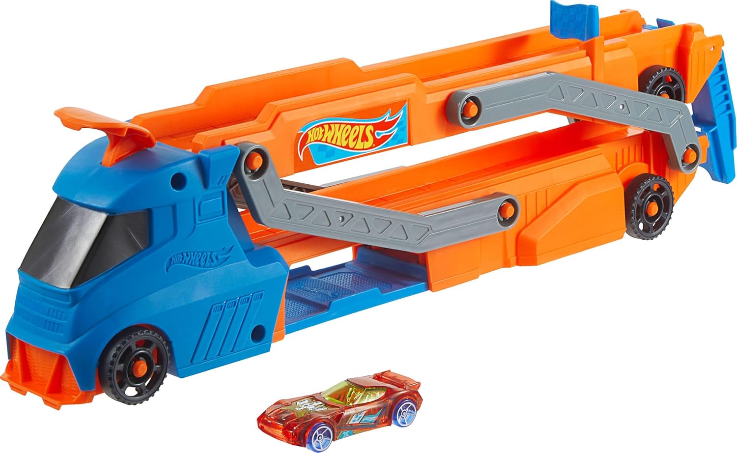 Hot Wheels Speed Track Transporter Truck & Raceway Playset with 1:64 Scale Car, Transforms into 2.5+ Ft Track, Stores 9 Cars, Manual Launcher, Kids Toy 4+