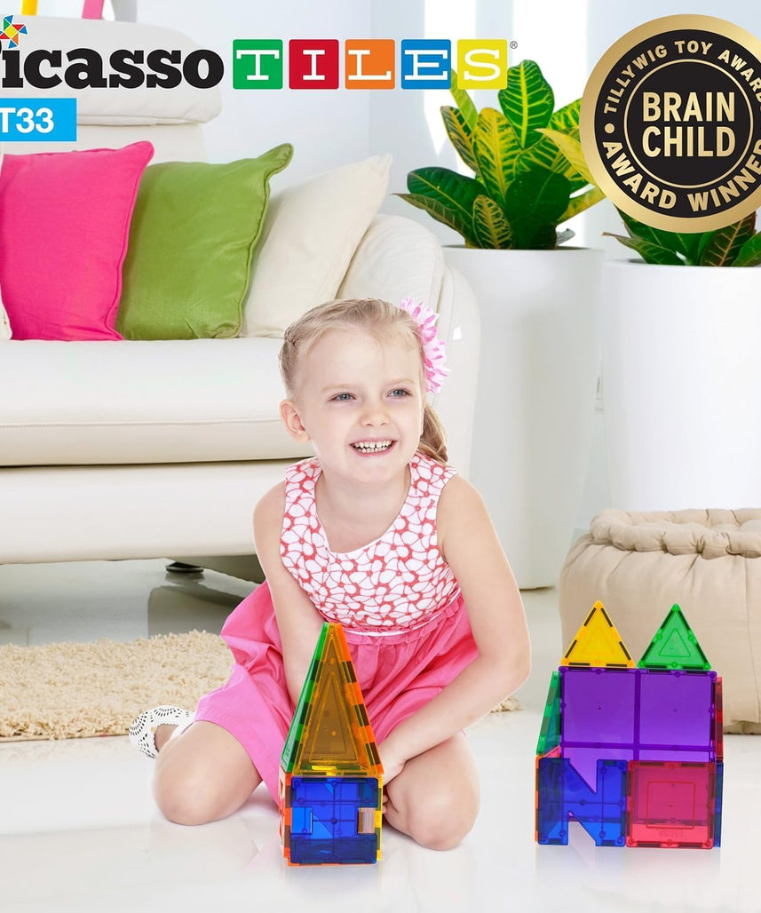 PicassoTiles 33 Piece Building Blocks 33pcs Educational Kit 3D Building Construction Toy Set Clear Magnetic Stacking Block STEM Playboard Magnet Felt Tiles Novelty Game, Creativity Beyond Imagination