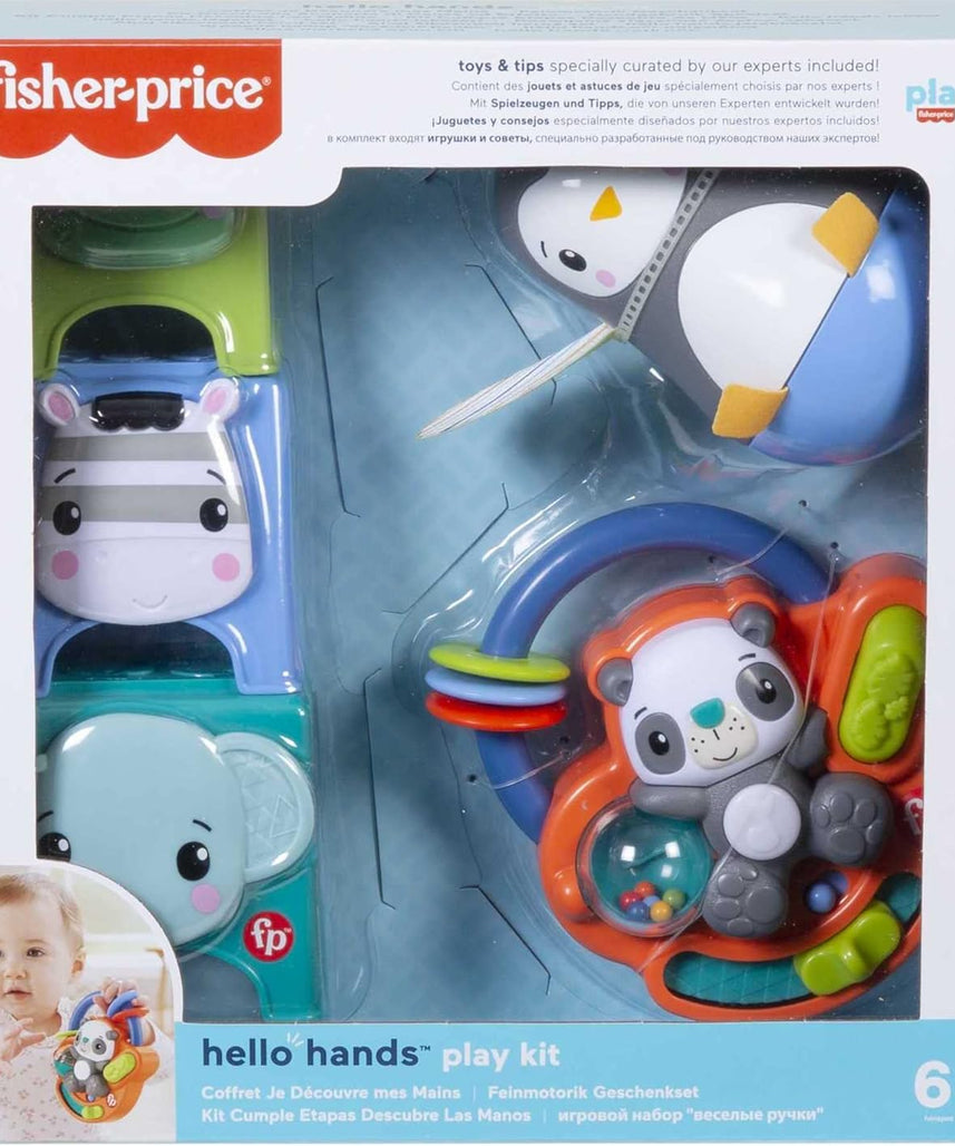 Fisher Price Hello Hands Play Kit HFJ93 Curated Infant Activity Toy Set 3 Toys Panda Penguin Animal Stackers Multi Colour for 6 Months and Up
