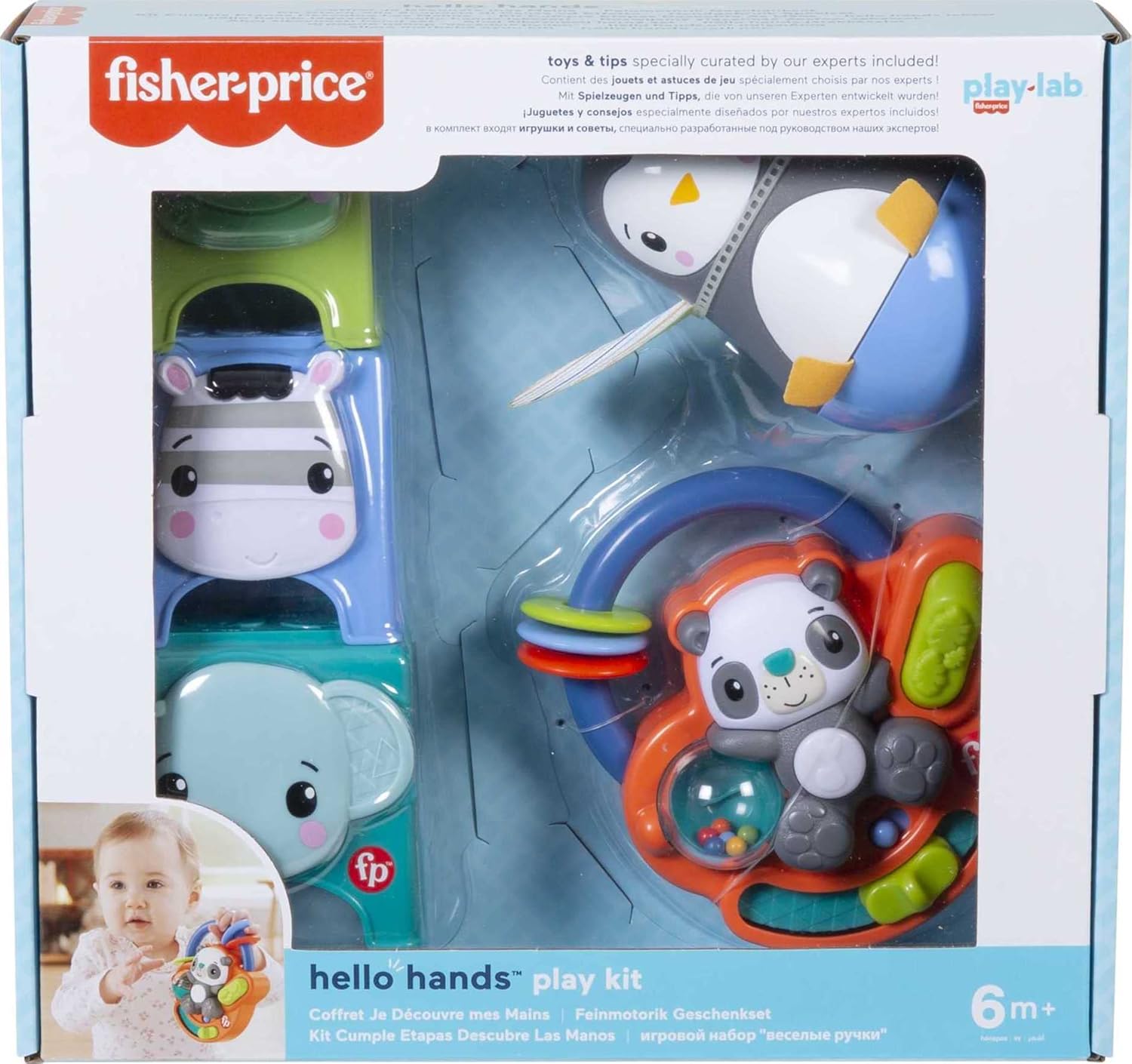 Fisher Price Hello Hands Play Kit HFJ93 Curated Infant Activity Toy Set 3 Toys Panda Penguin Animal Stackers Multi Colour for 6 Months and Up