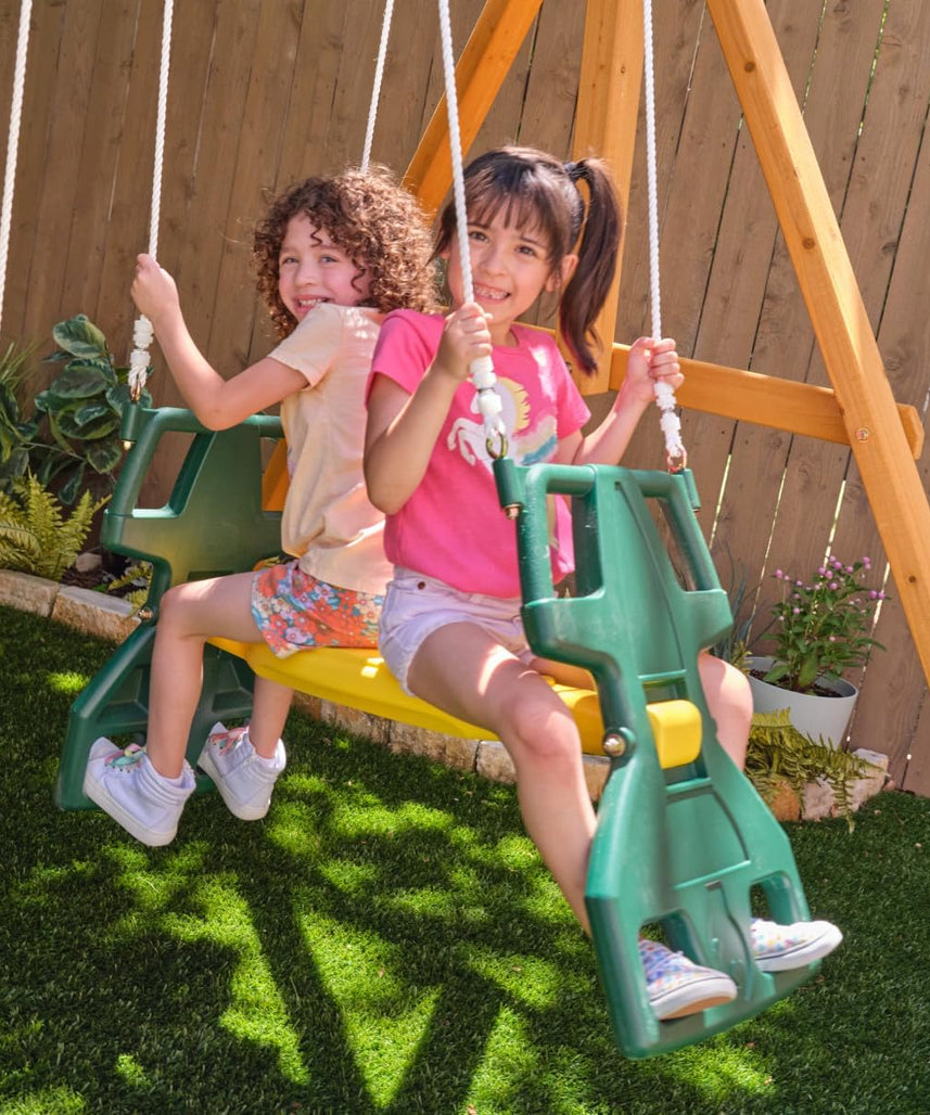 KidKraft Bear Cave Wooden Lodge Swing Set / Playset – Deluxe Outdoor Clubhouse with Slides, Swings, Glider, and Interactive Play Areas for Kids Age 3-10 Years