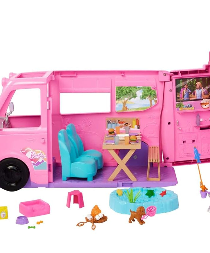 Barbie Dream Camper Playset with Roof Tent, Swing Chair, Fishing Pond, BBQ Grill with Color-Change Feature & 60+ Accessories Including Dough, HRJ78