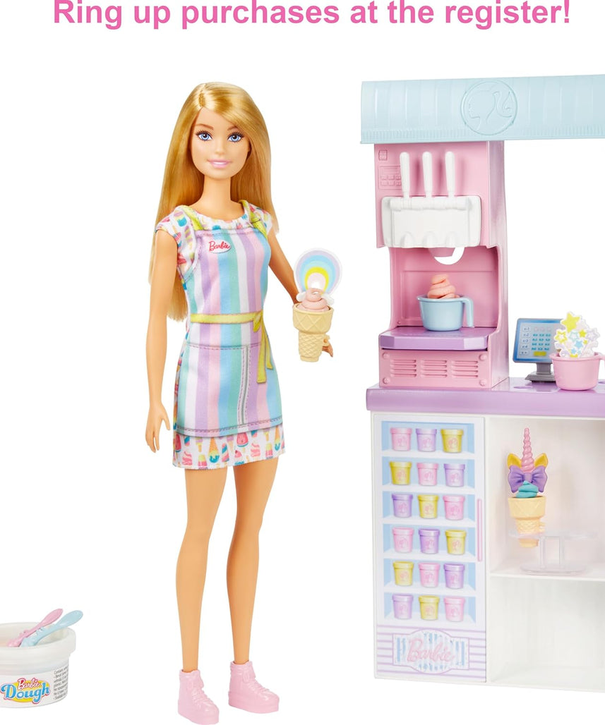 Barbie Ice Cream Shop Playset with 12 in Blonde Doll, Ice Cream Shop, Ice Cream Making Feature & Realistic Play Pieces