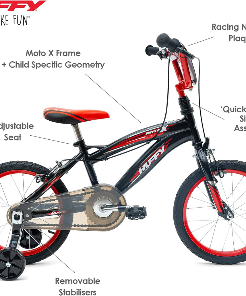 Huffy Moto X 16 Inch Kids Bike, Black, Unisex Youth Bicycle with Stabilisers, BMX Styling, Quick Connect Assembly, Ages 5-7