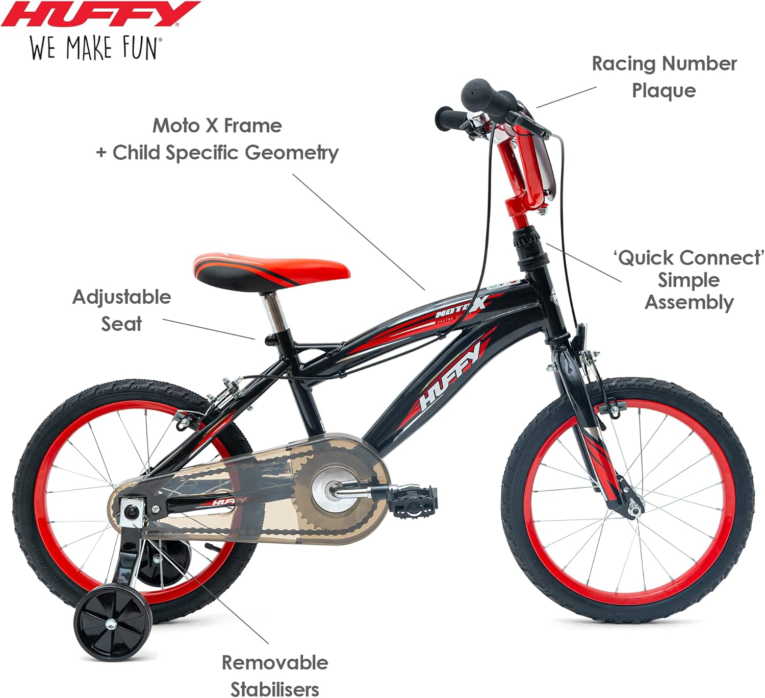 Huffy Moto X 16 Inch Kids Bike, Black, Unisex Youth Bicycle with Stabilisers, BMX Styling, Quick Connect Assembly, Ages 5-7