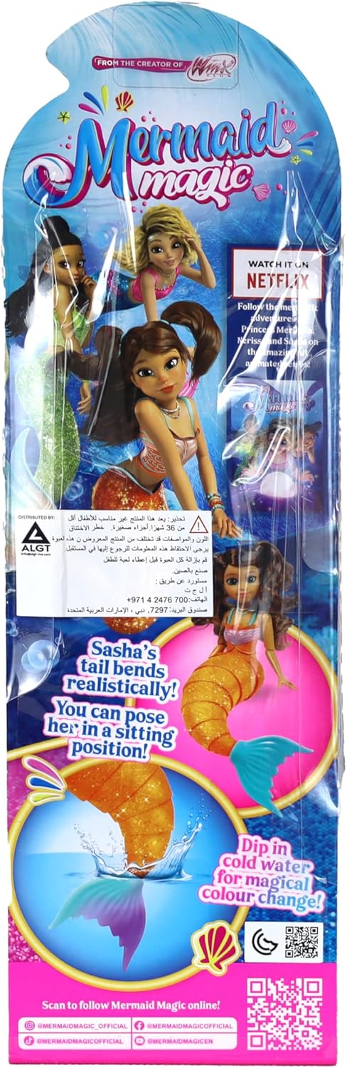 Mermaid Magic Doll 9-Inch Sasha with Bendy Tail, Articulated Doll, With Color Changing Fin, Gift, Girl's Toys, Mermaid Dolls, Figures, Collectible, 3 Years+