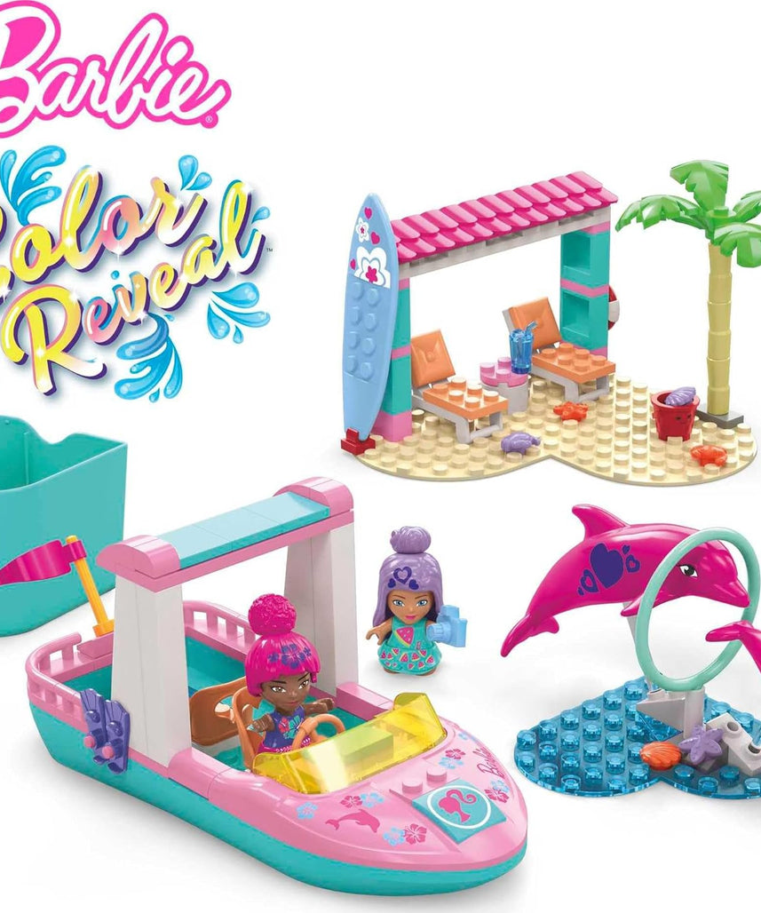 Barbie Color Reveal Dolphin Exploration Playset, 2 Micro-Dolls with Dolphins, 114 Building Bricks and Accessories for Creative Play