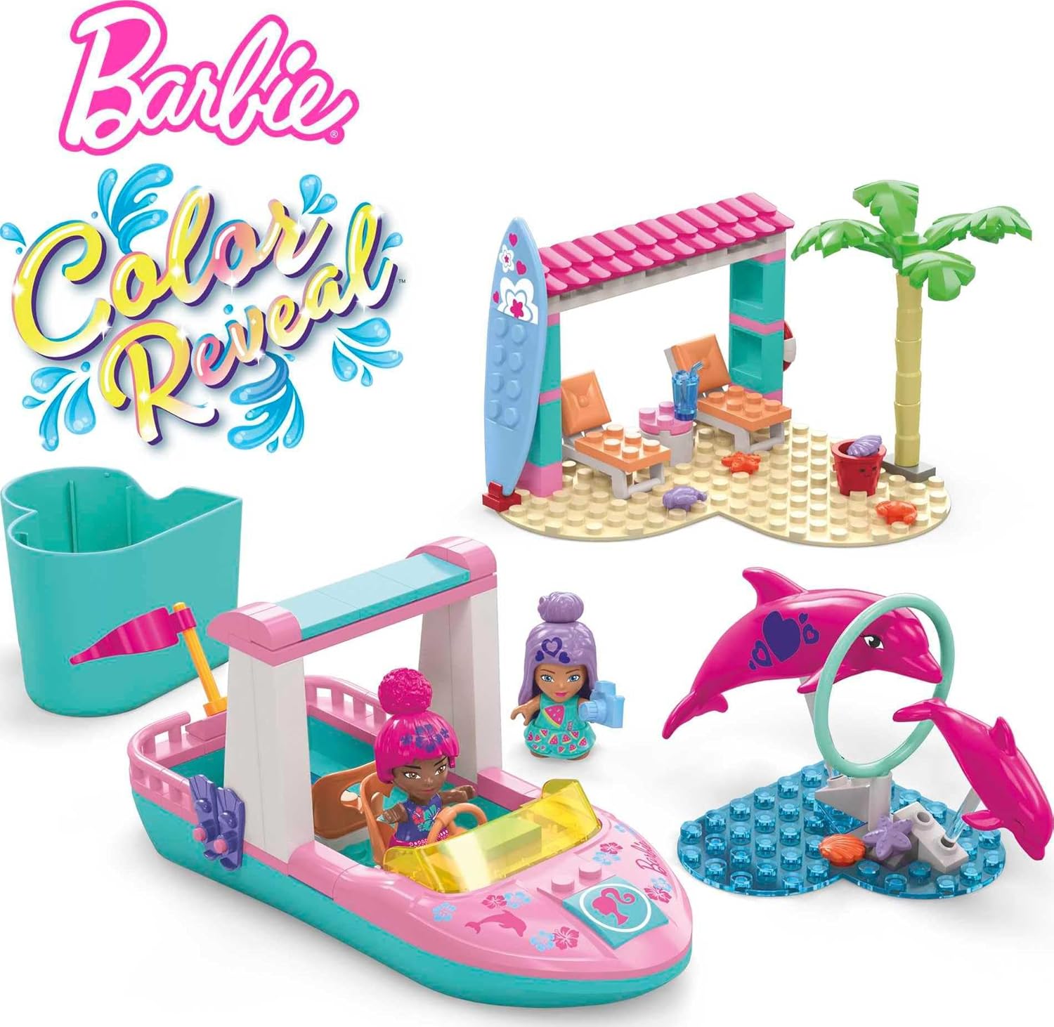 Barbie Color Reveal Dolphin Exploration Playset, 2 Micro-Dolls with Dolphins, 114 Building Bricks and Accessories for Creative Play