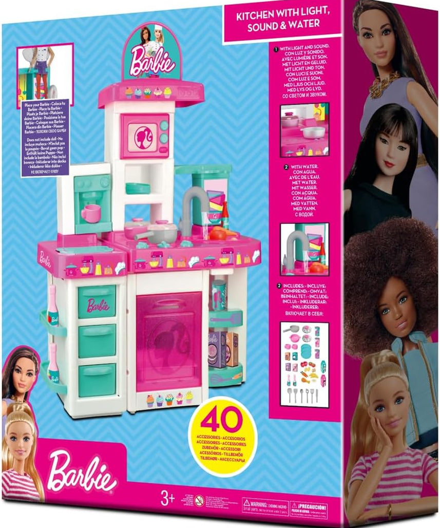 Barbie Large Kitchen Playset for Toddlers, Pretend Play Cooking Kitchen with Lights and Sounds, Sink Oven Stove Food and Accessories, Realistic Role Play Toy Set for Kids, Ages 3 Years+