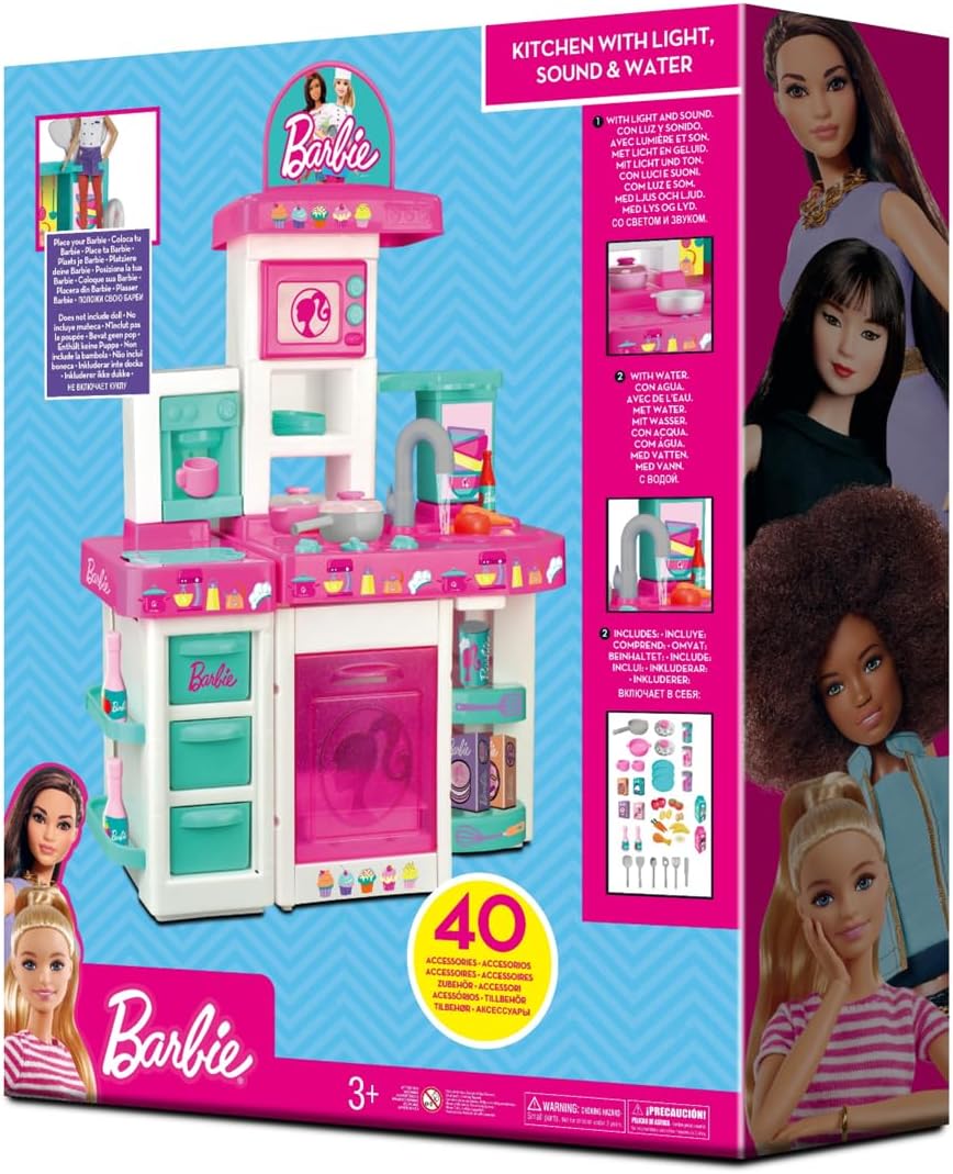 Barbie Large Kitchen Playset for Toddlers, Pretend Play Cooking Kitchen with Lights and Sounds, Sink Oven Stove Food and Accessories, Realistic Role Play Toy Set for Kids, Ages 3 Years+