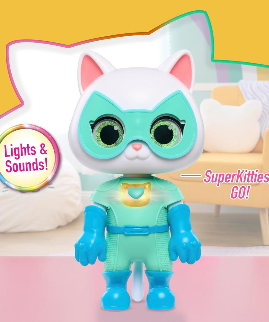 Just Play Disney Junior SuperKitties Cat-Tastic Transforming Bitsy Toy Figure, Lights and Sounds, Accessories Included, Kids 3+