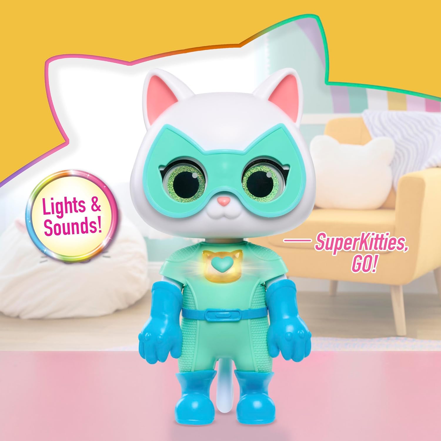 Just Play Disney Junior SuperKitties Cat-Tastic Transforming Bitsy Toy Figure, Lights and Sounds, Accessories Included, Kids 3+