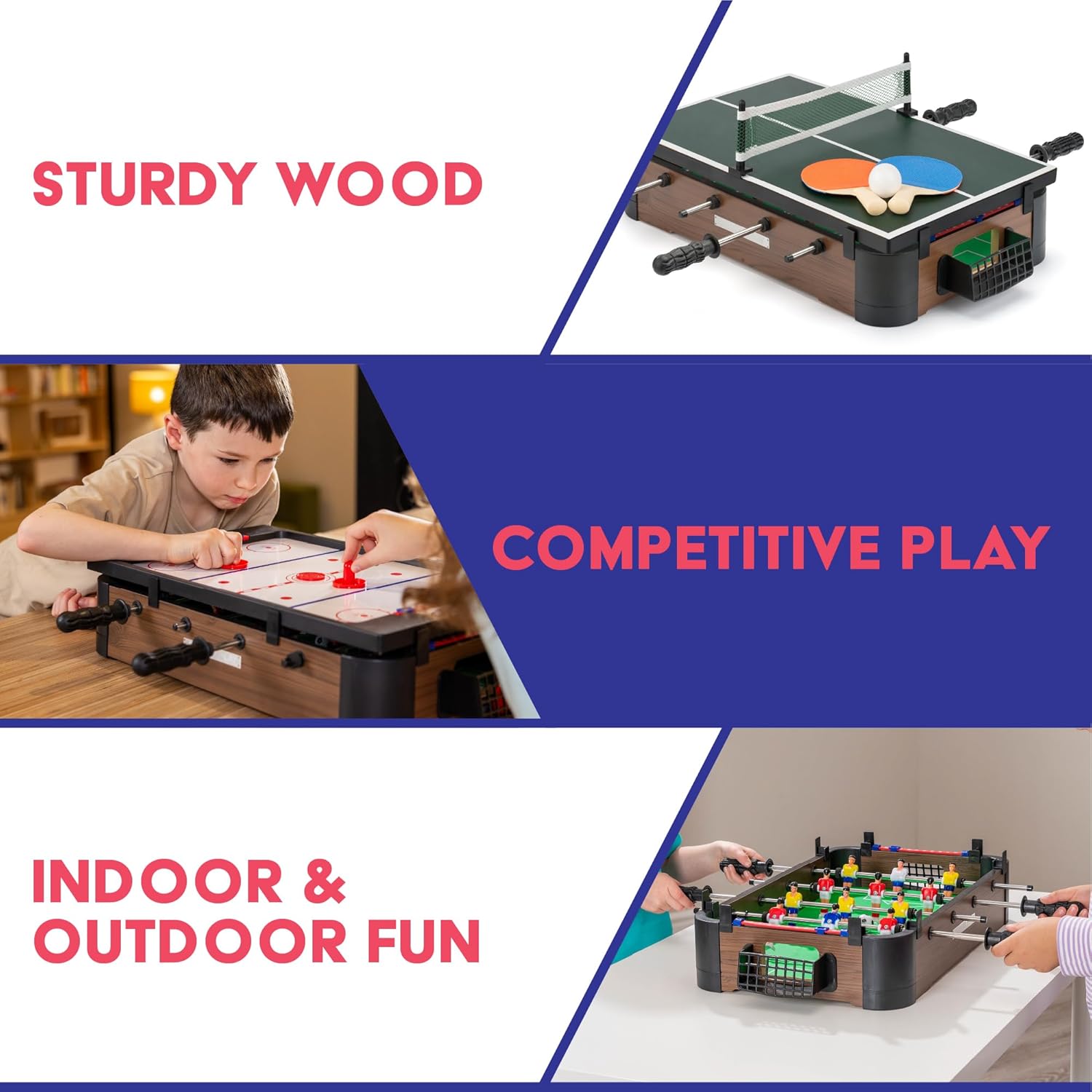Power Play 3-in-1 Tabletop Games Set, Foosball, Air Hockey, Table Tennis, Multicolor, Wooden Construction, Kids Game Table for Boys and Girls 3+, Indoor Family Entertainment