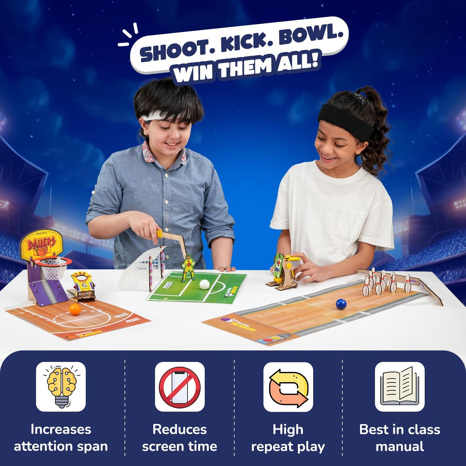 Smartivity 3in1 Basketball, Soccer, Bowling I Indoor Sports Game for Kids 6-12 Years Old I for Boys & Girls | DIY STEM Toy for Kids 6,7,8,9,10,11,12, Years I Wooden Construction Kit