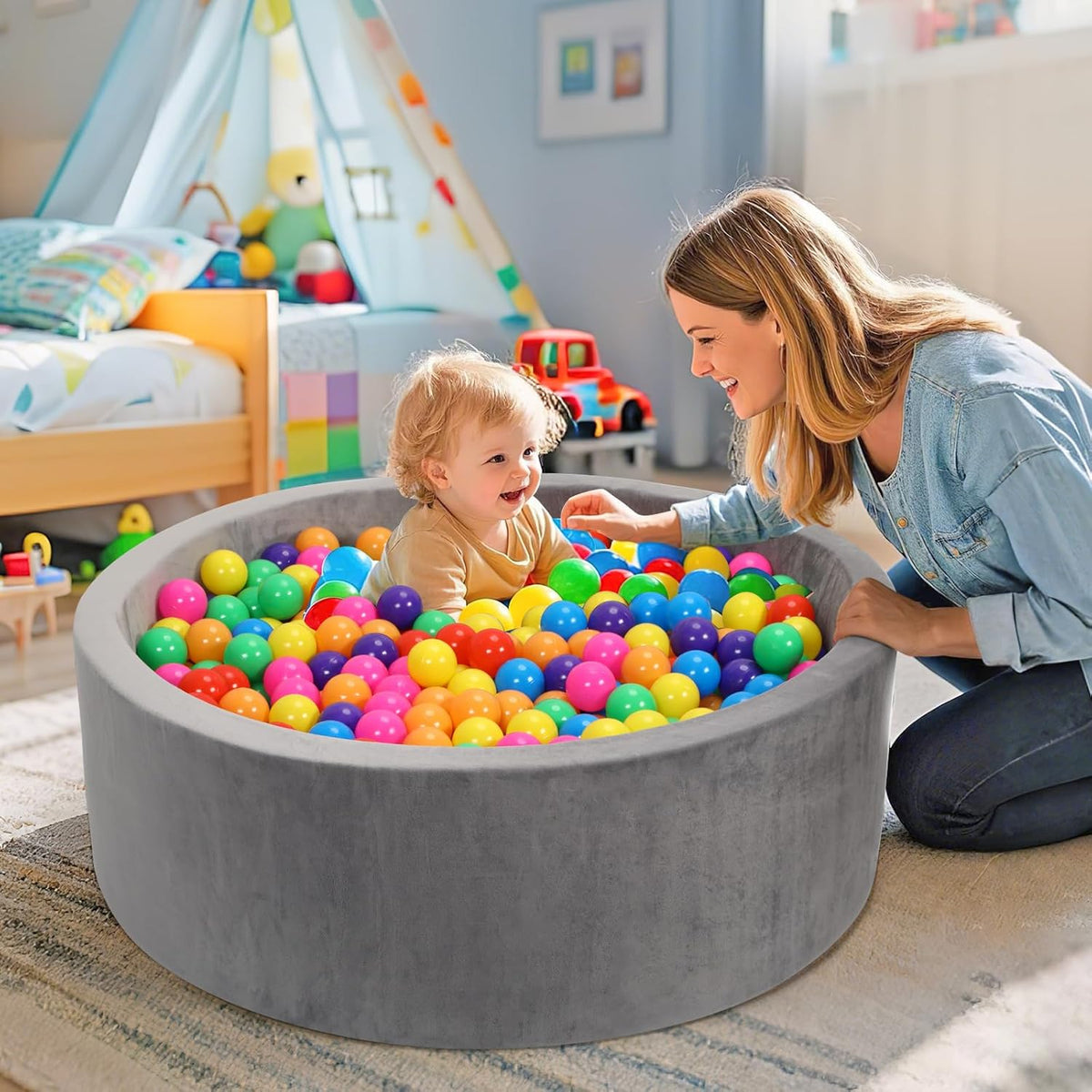 Foam Ball Pit for Toddlers 90cm Round Baby Ball Pool with Memory Foam, Soft Playpen Indoor Outdoor Kids Playground, Balls Not Included, Ages 6 Months+