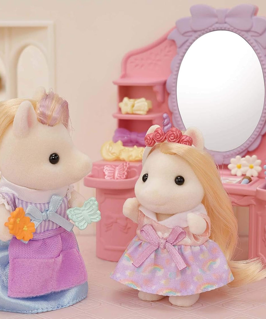 Sylvanian Families Pony's Stylish Hair Salon Set (5642) – 2-Story Salon with Sally Pony Figure, Hair Accessories, Styling Book, Dresser & Shampoo Basin – Educational Role-Playing Toy for Ages 3+