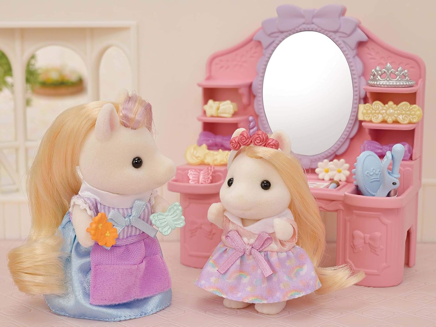 Sylvanian Families Pony's Stylish Hair Salon Set (5642) – 2-Story Salon with Sally Pony Figure, Hair Accessories, Styling Book, Dresser & Shampoo Basin – Educational Role-Playing Toy for Ages 3+