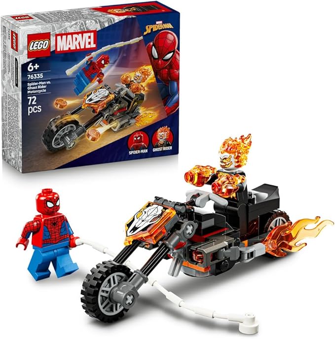 LEGO | Marvel Spider-Man vs. Ghost Rider Motorcycle - Superhero Toy w/a Motorbike Model, 2 Minifigures, Web String & Fire Elements - Gift for 6+ Year Old Boys - 76335