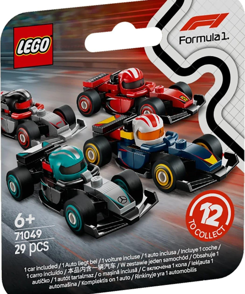 LEGO Minifigures F1 Collectible Race Cars Toys - Get 1 of 12 Mini Car Models with Drivers Helmets & Moving Wheels - Formula 1 Teams incl. Ferrari, Mercedes, McLaren, Red Bull - Mystery Box - 71049
