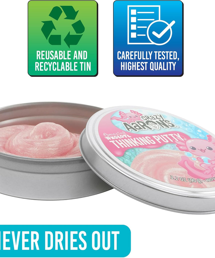 Crazy Aaron’s Amazing Axolotl Thinking Putty, Shimmering Pink Sensory Fidget Putty in 4” Tin, Non-Toxic Stretchy Creative Play Putty for Kids & Adults Ages 3+