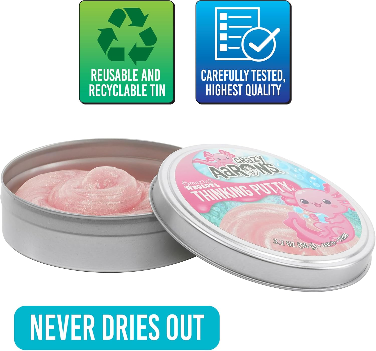 Crazy Aaron’s Amazing Axolotl Thinking Putty, Shimmering Pink Sensory Fidget Putty in 4” Tin, Non-Toxic Stretchy Creative Play Putty for Kids & Adults Ages 3+