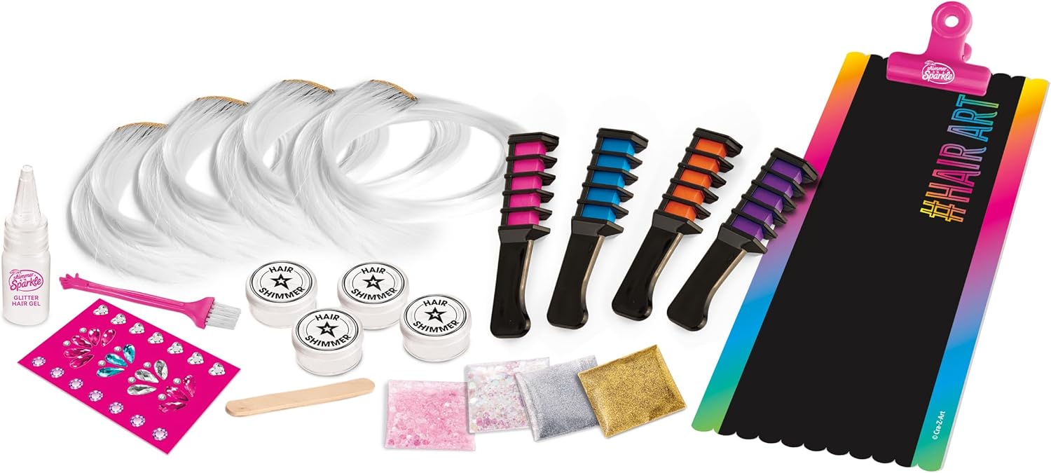 Shimmer N Sparkle Color FX Hair Extension Studio Kit with 4 Clip-In Extensions, Hair Glitter Gel, Hair Combs, and Clip & Color Design Board for Creative Styling- (65594)