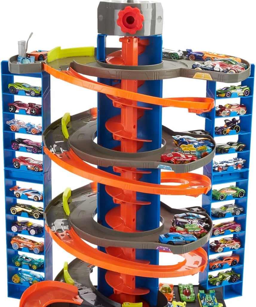 Hot Wheels City Mega Garage Playset with 1 Vehicle, 4-Level Car Garage with Corkscrew Elevator and Multi-Car Storage, Connectable Vehicle Playset for Kids 4 Years & Older