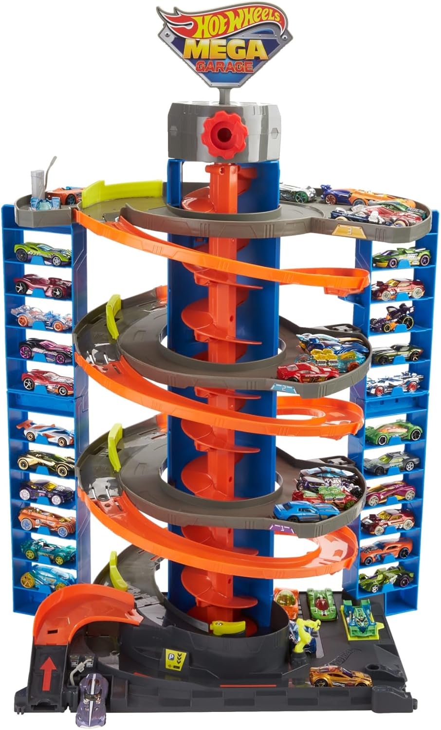 Hot Wheels City Mega Garage Playset with 1 Vehicle, 4-Level Car Garage with Corkscrew Elevator and Multi-Car Storage, Connectable Vehicle Playset for Kids 4 Years & Older