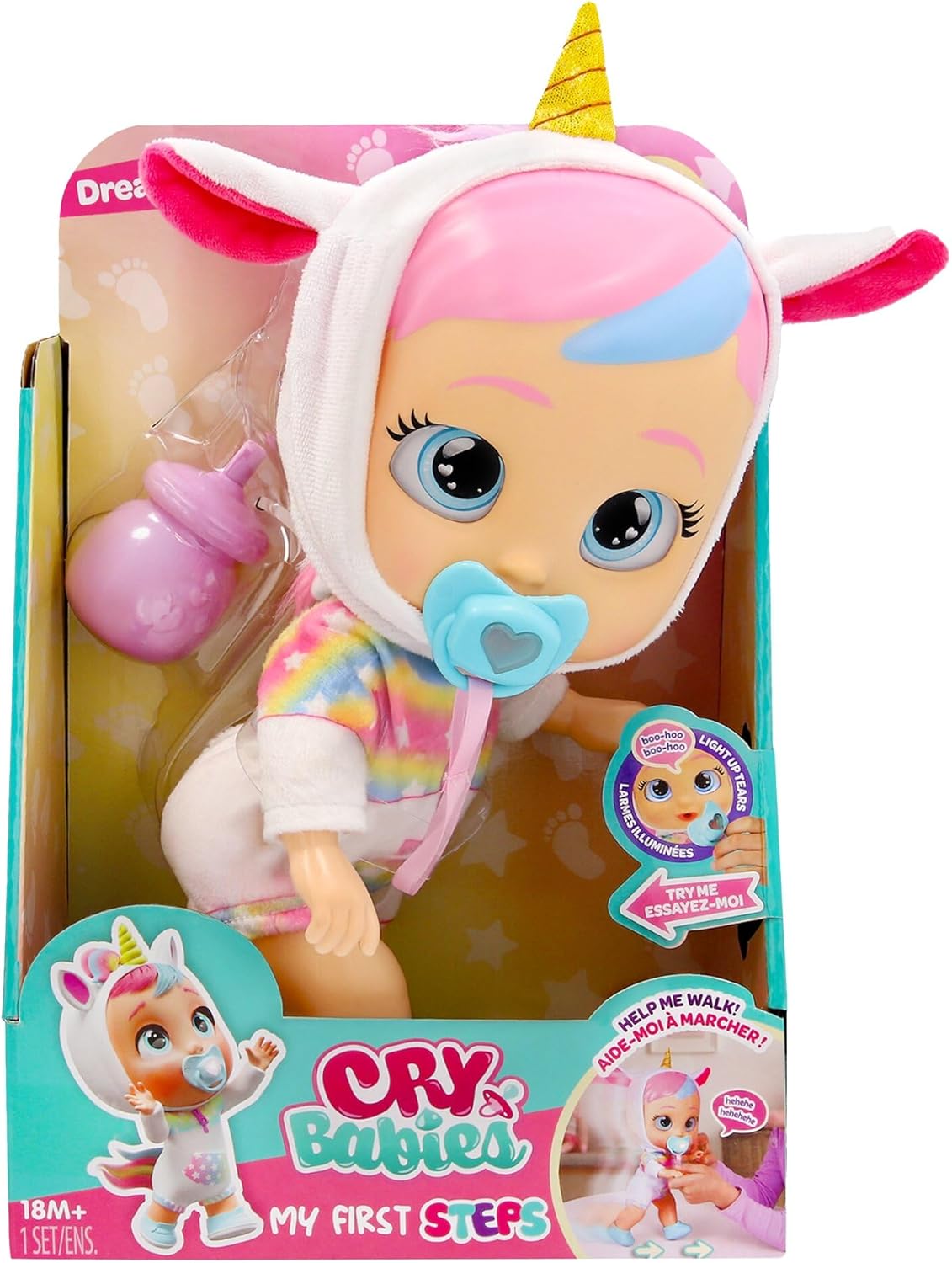 Cry Babies My First Steps - Dreamy, Doll with 10 Sounds & Reactions, With Light up Tears, Comes with Accessories, 1 Years+
