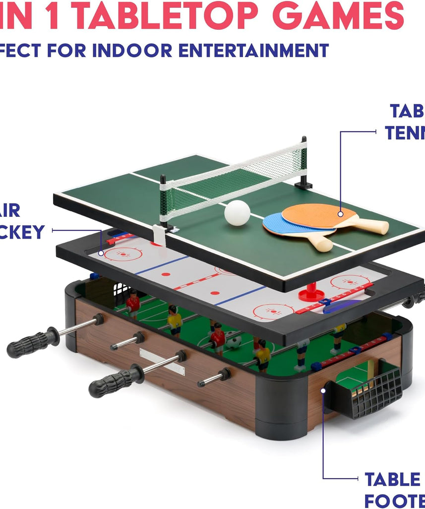 Power Play 3-in-1 Tabletop Games Set, Foosball, Air Hockey, Table Tennis, Multicolor, Wooden Construction, Kids Game Table for Boys and Girls 3+, Indoor Family Entertainment