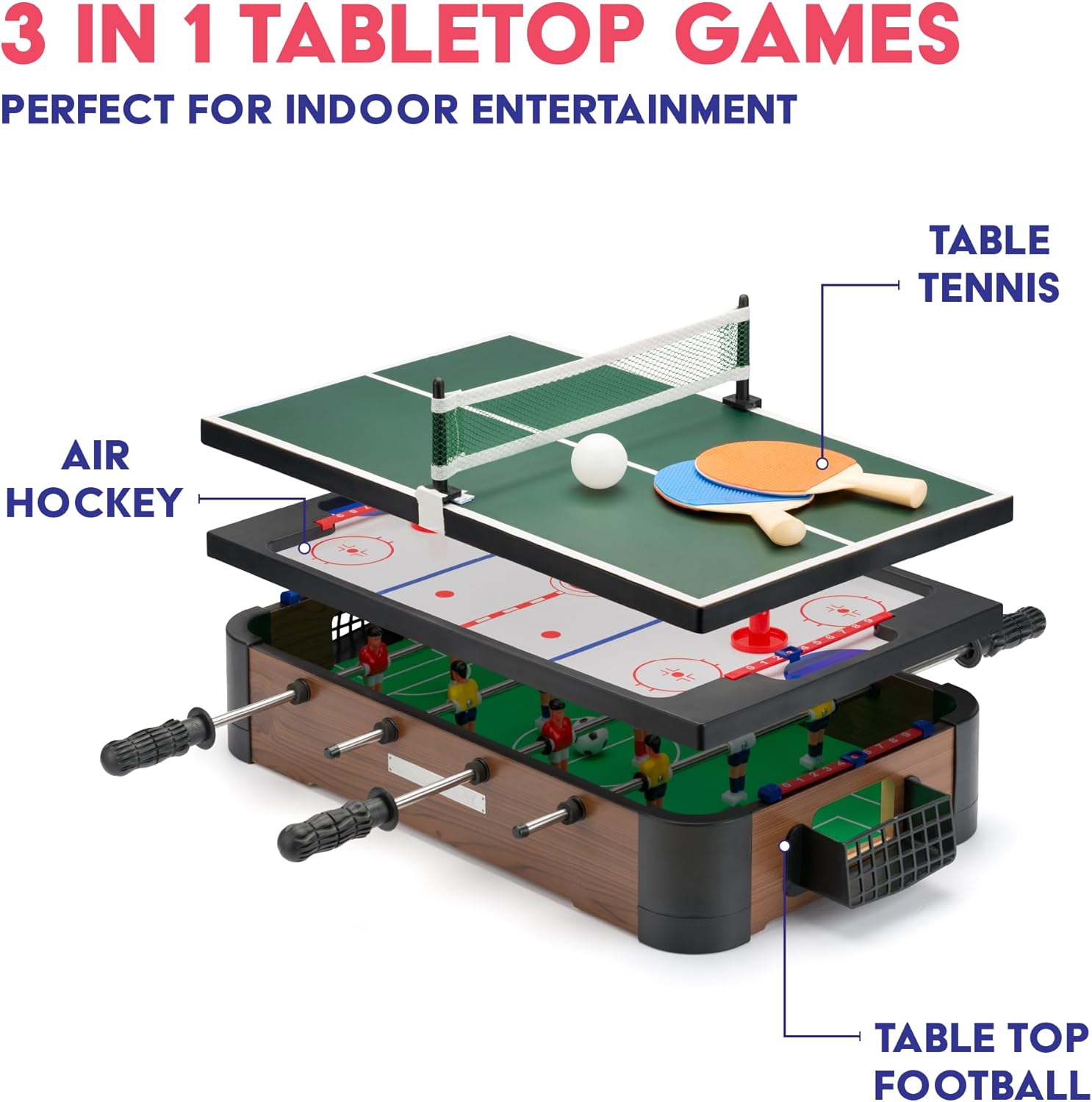 Power Play 3-in-1 Tabletop Games Set, Foosball, Air Hockey, Table Tennis, Multicolor, Wooden Construction, Kids Game Table for Boys and Girls 3+, Indoor Family Entertainment