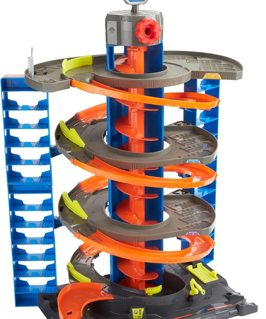 Hot Wheels City Mega Garage Playset with 1 Vehicle, 4-Level Car Garage with Corkscrew Elevator and Multi-Car Storage, Connectable Vehicle Playset for Kids 4 Years & Older