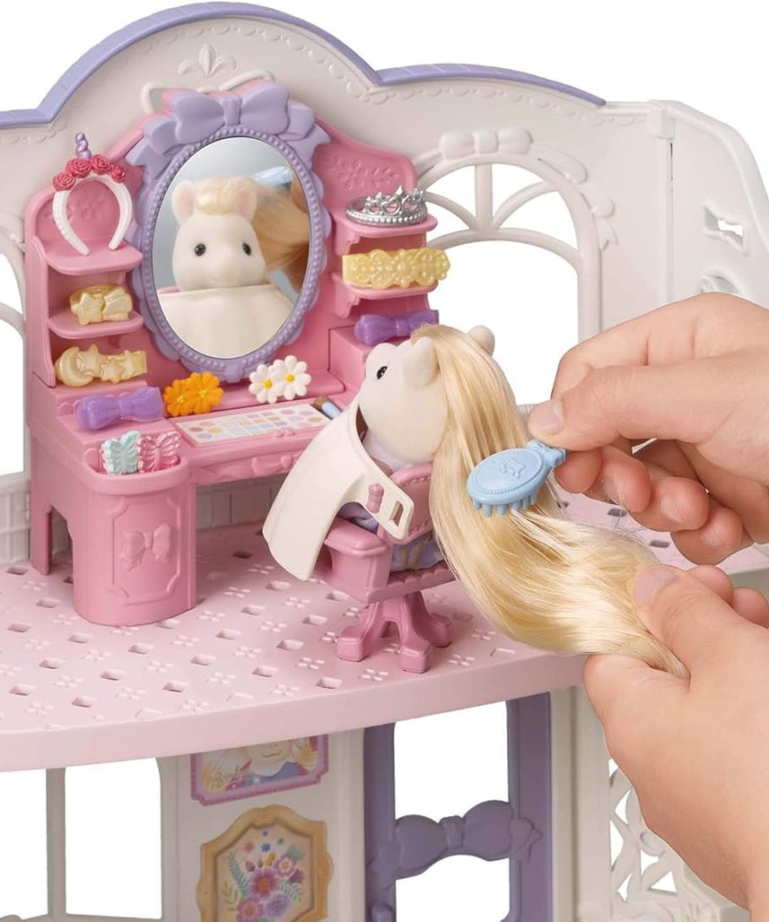 Sylvanian Families Pony's Stylish Hair Salon Set (5642) – 2-Story Salon with Sally Pony Figure, Hair Accessories, Styling Book, Dresser & Shampoo Basin – Educational Role-Playing Toy for Ages 3+