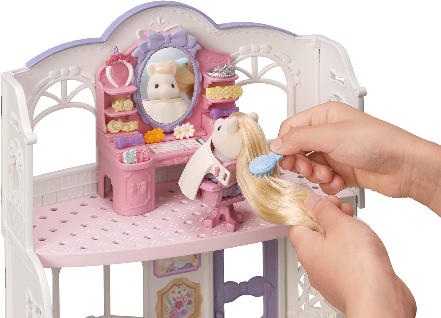 Sylvanian Families Pony's Stylish Hair Salon Set (5642) – 2-Story Salon with Sally Pony Figure, Hair Accessories, Styling Book, Dresser & Shampoo Basin – Educational Role-Playing Toy for Ages 3+