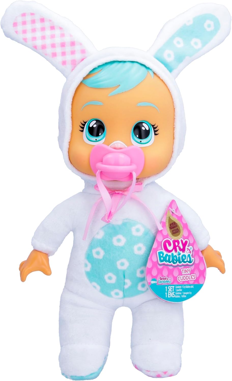 Cry Babies Tiny Cuddles Bunnies Honey - 9 inch Baby Doll, Cries Real Tears, White Bunny Themed Pajamas