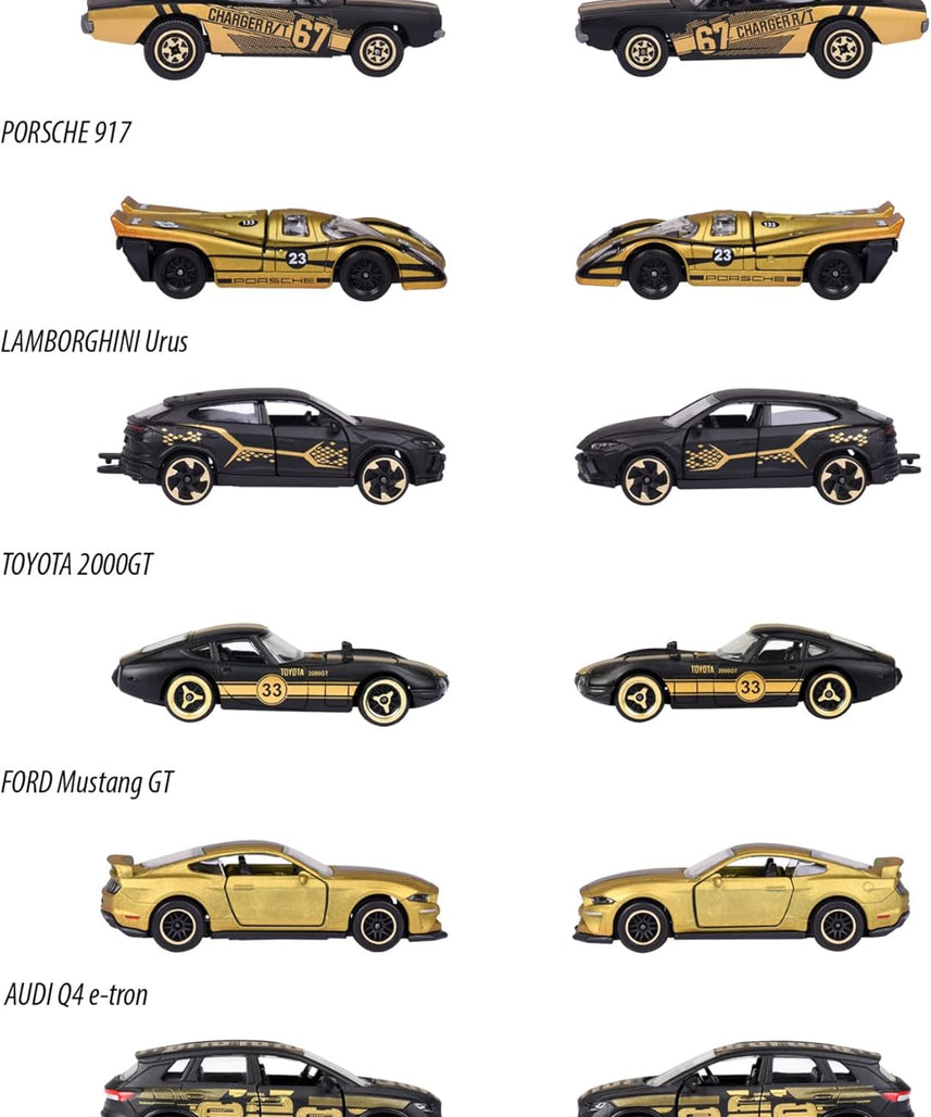 Majorette Limited Edition 9 Gold Design Toy Car, 1:64 Scale Die Cast Model, Random 1 of 6 Collectible Cars, Free Roll Suspension, Trading Card Included, Kids and Collectors, Ages 3+
