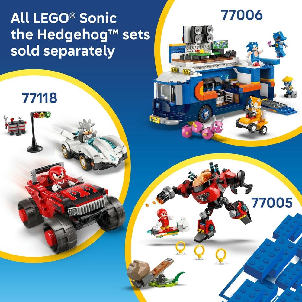LEGO Sonic the Hedgehog: Sonic : Speedster Lightning - Race Car Toy w/a Minifigure, Chaos Emerald & 3 Gold Rings - Gaming Gift for 7+ Year Old Boys & Girls - 77117