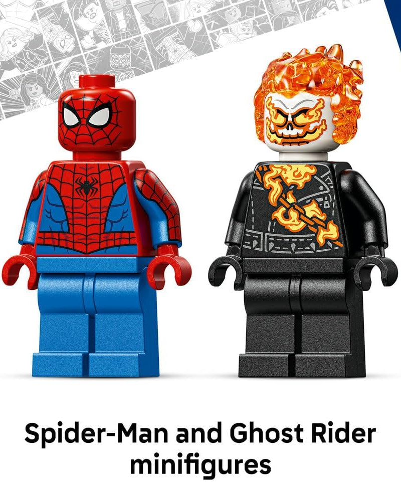 LEGO | Marvel Spider-Man vs. Ghost Rider Motorcycle - Superhero Toy w/a Motorbike Model, 2 Minifigures, Web String & Fire Elements - Gift for 6+ Year Old Boys - 76335