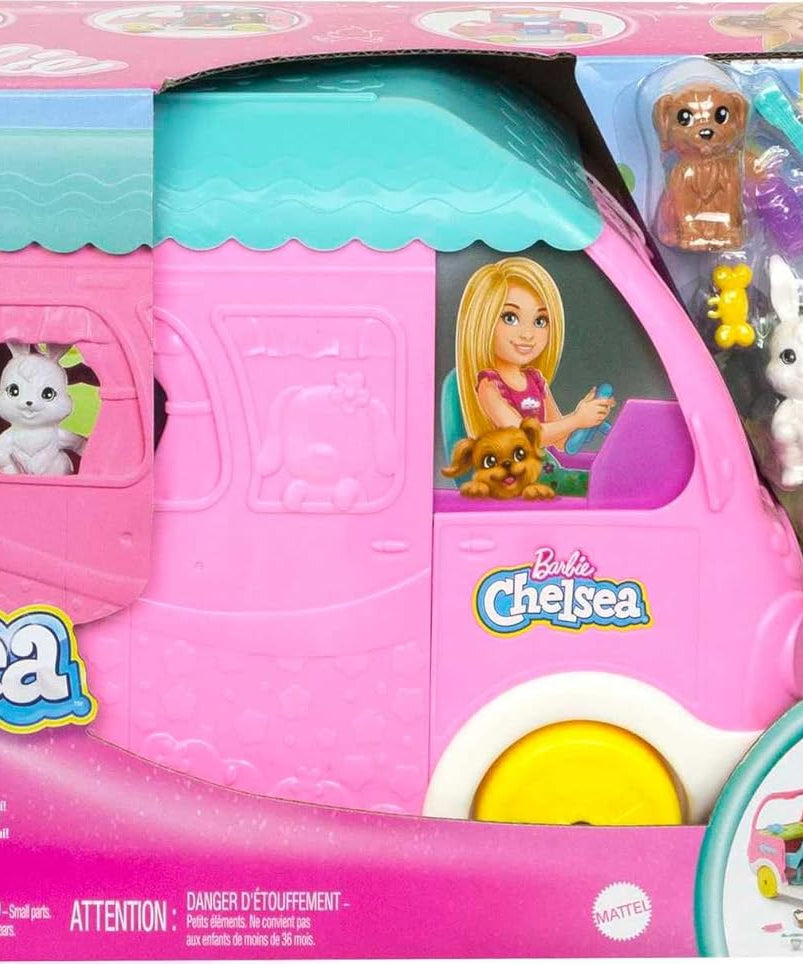 Barbie Chelsea 2-in-1 Camper Playset with Chelsea Doll, 2 Pets, Transforming Camper & 15+ Camping Accessories – Outdoor Adventure Toy for Kids 3+