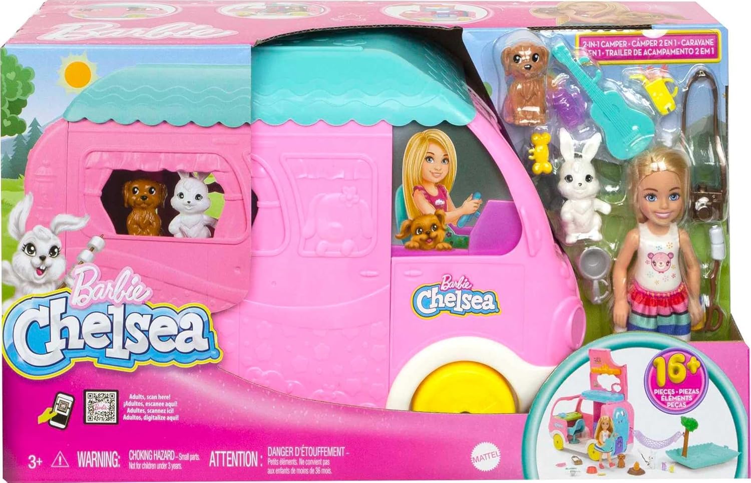 Barbie Chelsea 2-in-1 Camper Playset with Chelsea Doll, 2 Pets, Transforming Camper & 15+ Camping Accessories – Outdoor Adventure Toy for Kids 3+