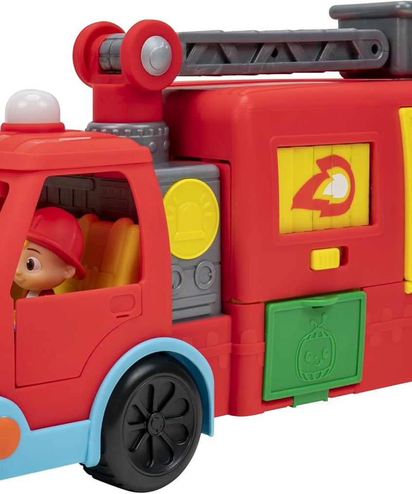 لعبة شاحنة الإطفاء المتحولة الفاخرة من كوكوميلون، مجموعة لعب تعمل بالبطارية مع أضواء وأصوات وسلّم، لشخصيتي رجلي الإطفاء جيه جيه ونينا للأطفال