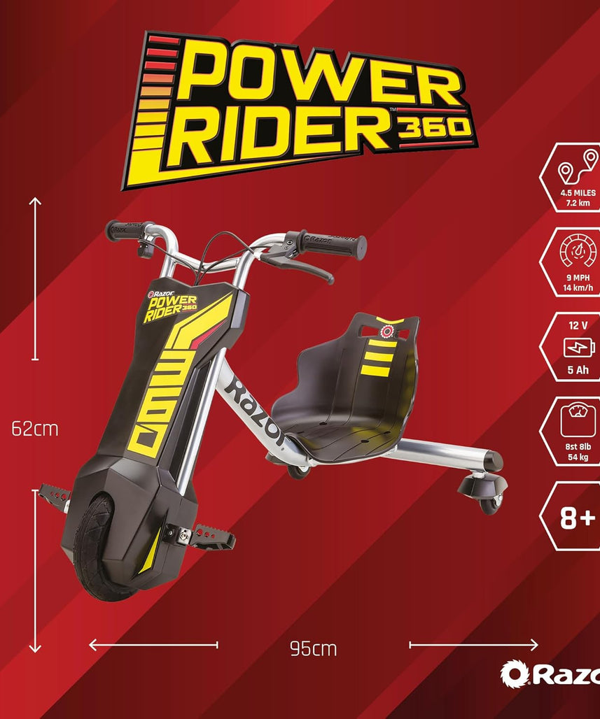دراجة ثلاثية العجلات الكهربائية Razor PowerRider 360 للأطفال من سن 8 سنوات فما فوق، 12 فولت مع دواسة وقود بزر ضغط، سرعة تصل إلى 9 أميال في الساعة، مدة تشغيل 30 دقيقة، دوران 360 درجة وانزلاق، أقصى وزن للراكب 120 رطلاً